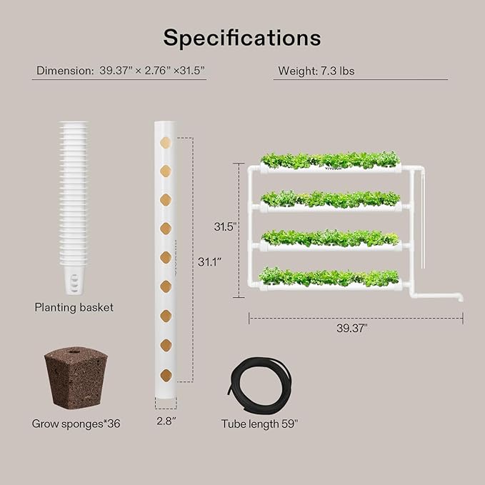 VIVOSUN Wall-Mounted Hydroponic Grow Kit 1 Layers 36 Plant Sites 4 Food-Grade PVC-U Pipes Hydroponics Planting System with Water Pump Pump Timer Nest Basket and Sponge for Leafy Vegetables