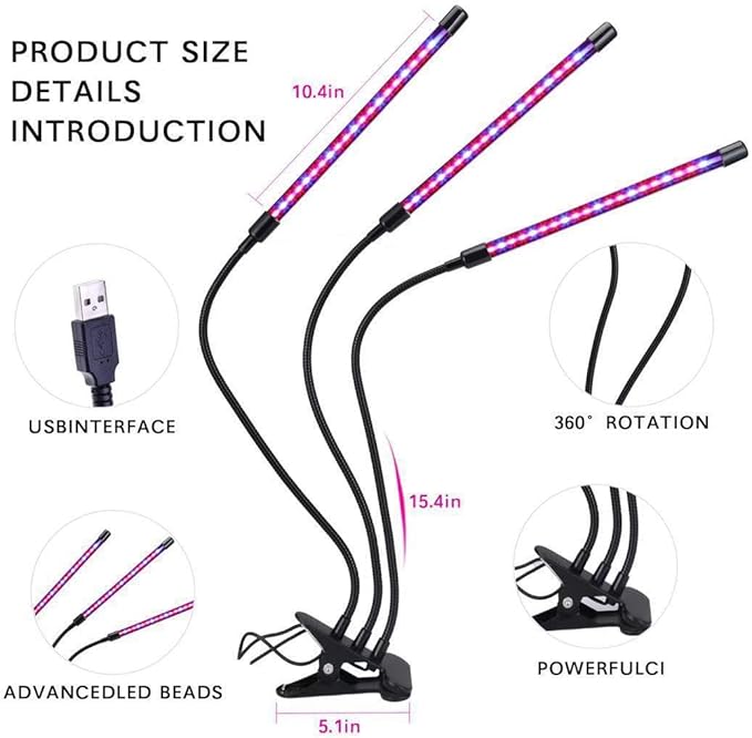 LED Grow Lights for Indoor Plants Plant Grow Lights Full Spectrum Auto ON Off with 3/9/12H Timer 9 Dimmable Lightness Clip-On Desk Grow Lamp Bulbs (Three Head)