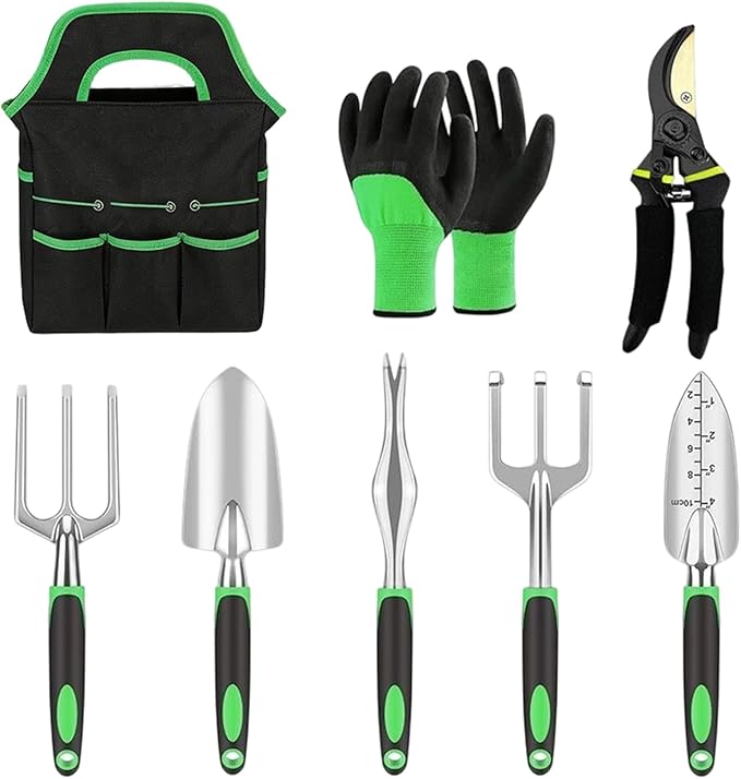 Garden Tool Set - 8 Piece Stainless Steel Plant Supplies Kit Floral Hand Tools for Weeding Loosening Soil Transplanting Cleaning Pruning