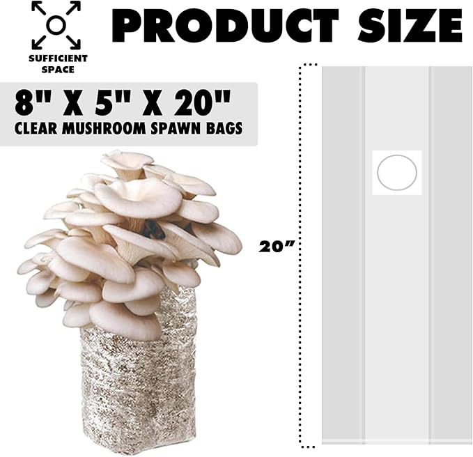 TonGass 60-Pack Large 8x5x20 Autoclavable Mushroom Grow Bags Bulk with Microporous Filter Patchs Extra Thick 80 Micron (=3 Mil) Mushroom Cultivation Spawn Supply Myco Bag Bulk Substrate Bags