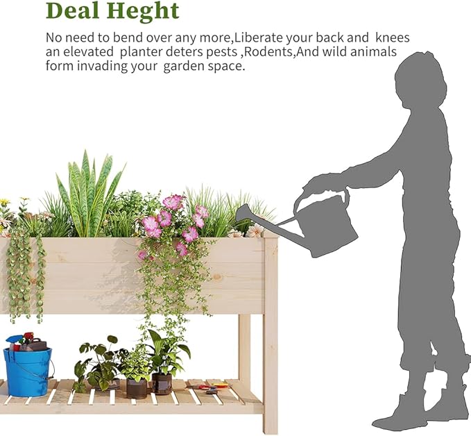 BIRASIL Outdoor Wood Raised Garden Bed Elevated Reinforced Large Planter Box with Storage Shelf for Vegetable Flower Backyard Patio Gardening Balcony (48”L Natural Wood)