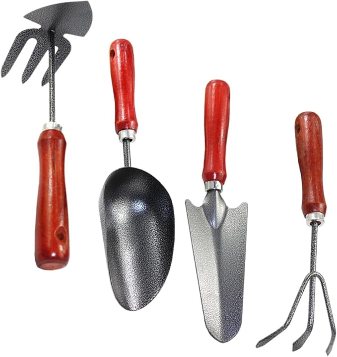 Toyvian Garden Hand Tool Set 4pcs with Extended Narrow Spade Triple Claw Rake Dual-use Hoe and Rake and Soil Scoop for Planting and Digging in Planters and Gardens