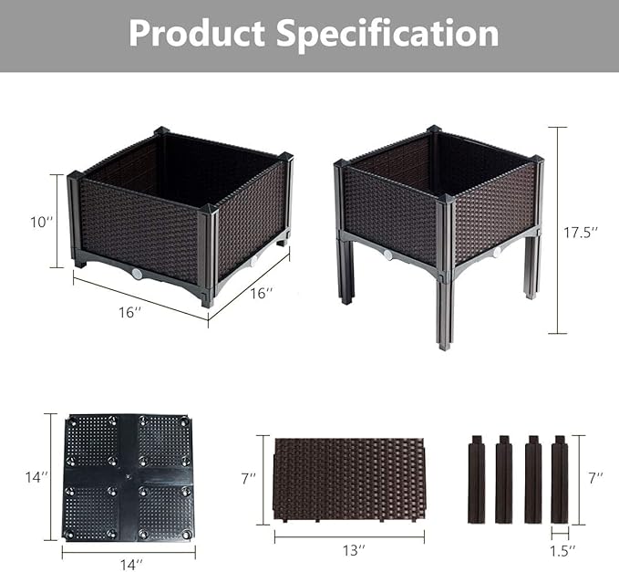GRAFFY Set of 4 Raised Garden Bed Kits Elevated Garden Beds with Self-Watering Design Raised Garden Boxes for Flowers Vegetables and Herbs Planting Box Container for Patio Yard Balcony (Brown)