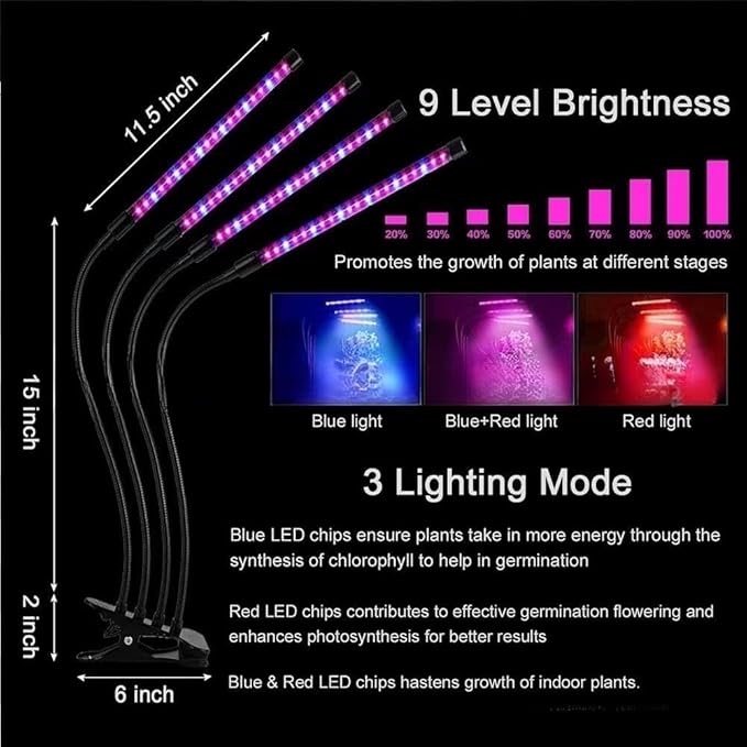 Grow Light Plant Lights for Indoor Plants3 Heads LED Grow Light with Full Spectrum &amp Red Blue Purple Spectrum for Indoor Plant Growing Lamp 3/9/12H Timer 9 Dimmable Levels (Three Head)