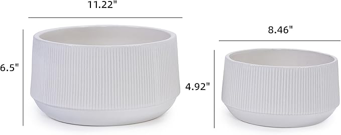 Handmade Ceramic Planter Set of 2 11 8 Diameter White with Vertical Ridges for Aquatic Plants IndoorOutdoor Shelf Table Use Breathable Non Porous Clay