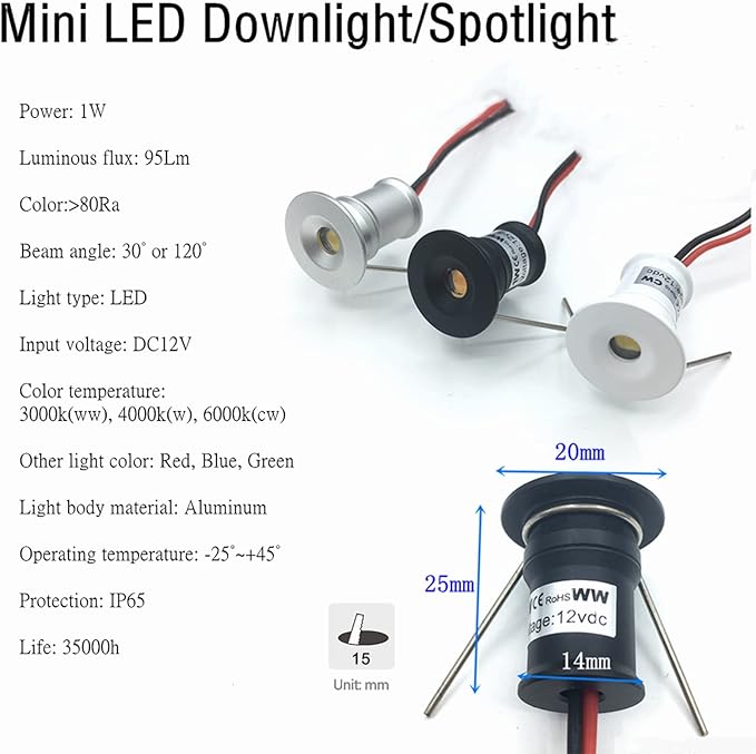 Mini Spotlight 1W Recessed Spot DC12V White Shell Lighting Angle 30° with Transformer 15Pack (Natural)
