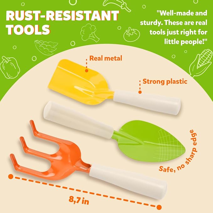 Matching Board Book - Green Kids Gardening Tools Set Includes Sturdy Tote Bag Watering Can Shovel Rake and Trowel - Garden Storybook - Kids Garden Tools- Easter Gifts for Toddler Age on up.
