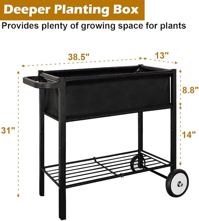 Koutemie Outdoor Raised Planter Bed Box with Legs for Gardening Elevated DIY Garden Cart on Wheels for Vegetables Flower Tomato Herb Plant Black