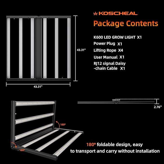 KOSCHEAL K640 640W LED Grow Light for Indoor Plants Full Spectrum Plant Growing Lamp with Dimmer &amp Foldable Design Covers 5x5ft or 4x4ft 6 Bars Commercial &amp Home Grow Tent Use