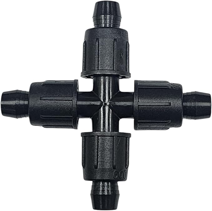 USA Made - 5 PACK Premium 1/2 Inch I.D 590 - .630 Drip Tape Irrigation Tubing 18mm Cross 4 Way Universal Perma-Loc Connector Barbed Locking Fitting - Fits All Brands Rainbird Netafim Etc. 18mm