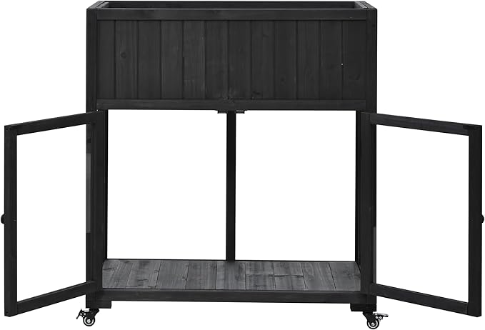Patio 35.4''x17.7''x37.4'' Wood Cold Frame Compact 2 Doors GGreenhouse with Wheels Raised Bed with Liner for Indoor Outdoor Use Black
