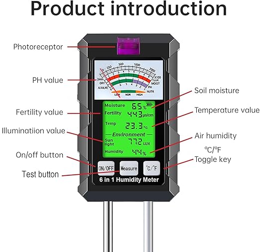 6-in-1 Soil Moisture Meter Hygrometer for Plants with Soil Moisture PH Meter Temperature Sunlight Fertility Environmental for Farming Gardening (2*AAA Battery Needed)