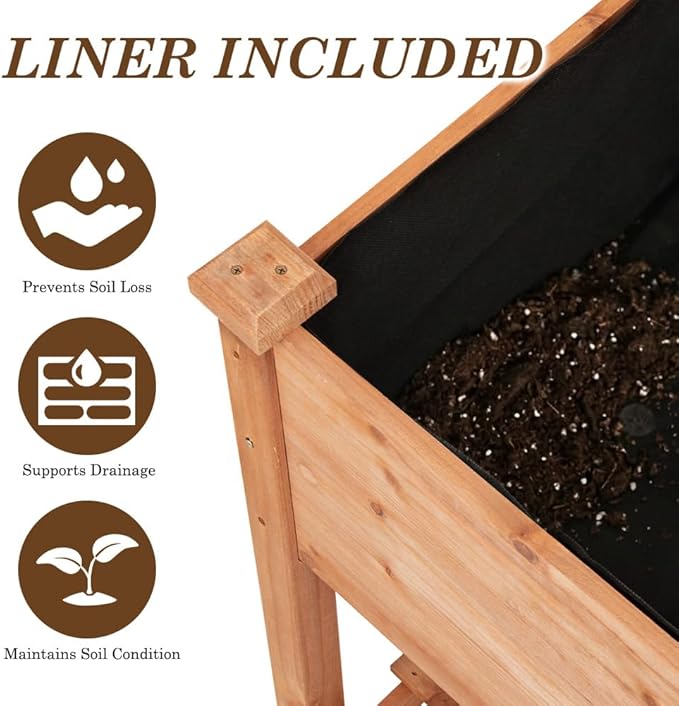 Raised Garden Bed with Lockable Wheels 32x16x32 inch Elevated Wood Planter with Storage Shelf Protective Liner for Vegetable Flower Herb Outdoor Balcony Patio Backyard Brown