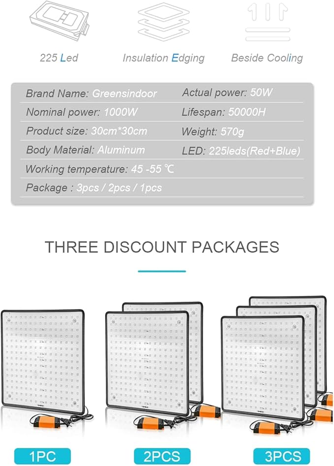 1000W Equivalent Grow Light with 225pcs LEDs 3x3 Ft Coverage Dimmable Plant Grow Light Full Spectrum for Indoor Plants Seeding Veg &amp Bloom2pcs