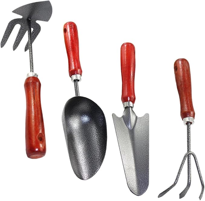 4pcs Gardening Tool Set with Hand Trowel Narrow Shovel Dual-use Hoe Rake and Three-Prong Rake – Metal Mini Garden Shovels for Planting Flower Pots and Vegetable Gardening