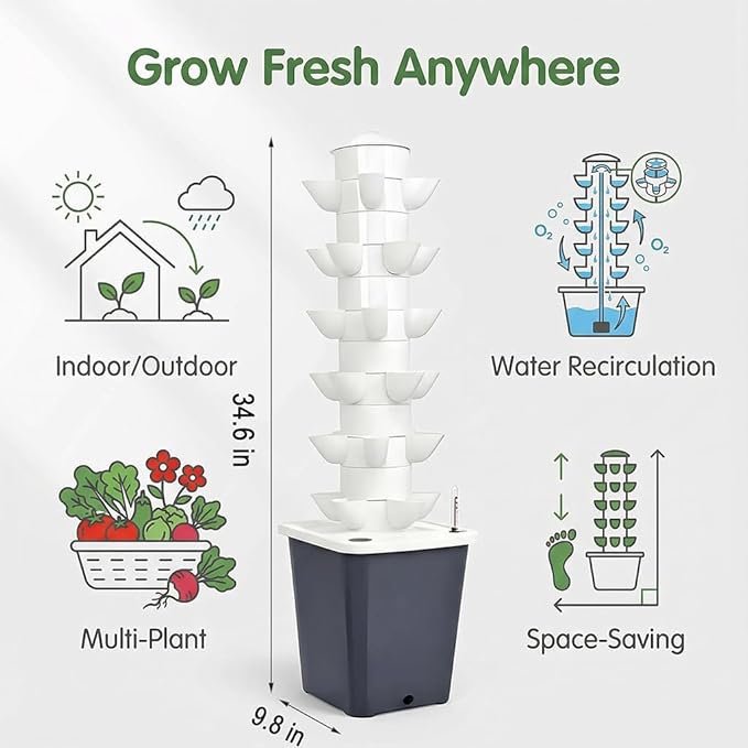 Vertical Hydroponic Tower Garden Growing System - Indoor Planter Kit with 30 Pods Aeroponic-Style Tower for Herbs Vegetables Lettuce &amp Strawberries Home Countertop Grow System Gray