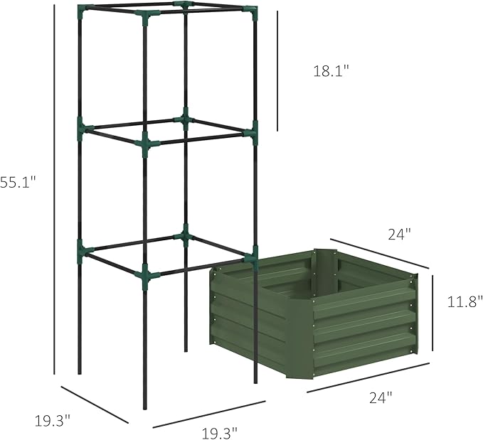 Modular Galvanized Garden Bed with Detachable Plant Cage All-in-One Raised Planter System for Climbing Vegetables &amp Flowers Easy Assembly Design (Green)