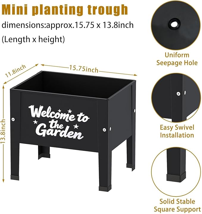 aboxoo 2 Packs 14 Inch Spray-Painted Style Small Planter Raised Garden Bed with LegsOutdoor Metal Planter Box for PatioElevated Garden Bed for Vegetables Flower Herb(Black)