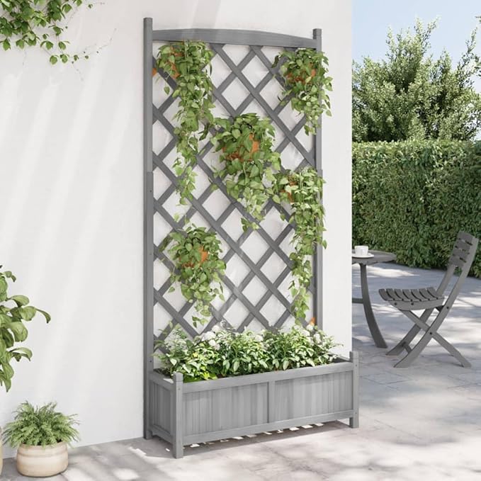 Rustic Grey Large Wooden Planter Box with Trellis Solid Fir Raised Garden Bed 35 x 13 x 71 in Outdoor Elevated Flower Box for Balcony Patio Terrace