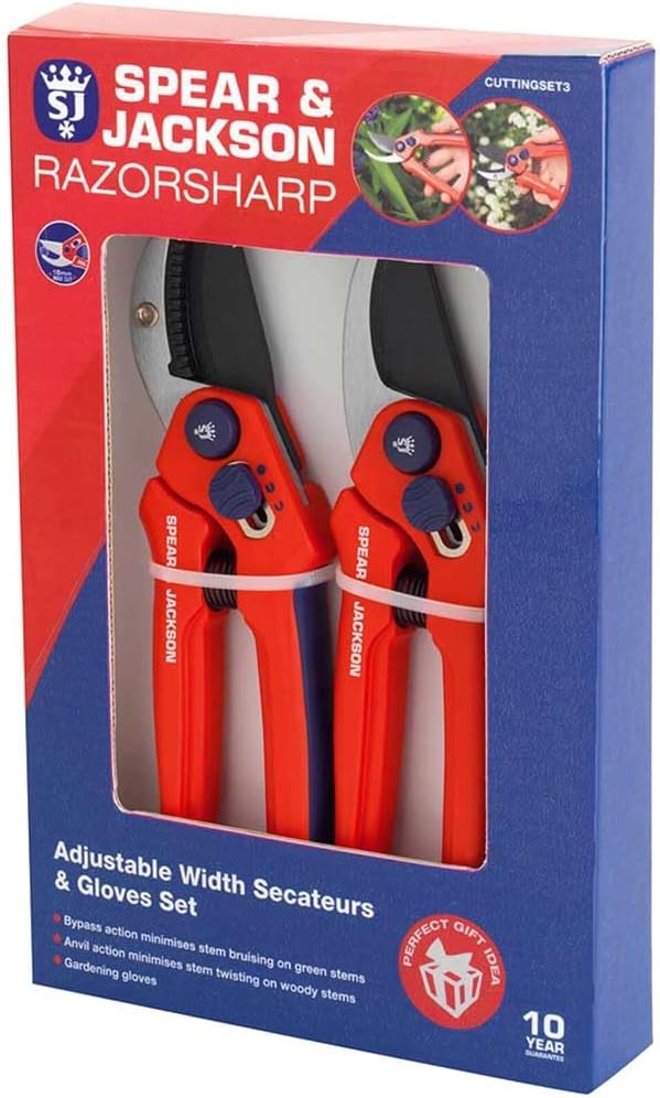 Spear &amp Jackson CUTTINGSET3 Razorsharp Adjustable Width Pruner and Glove Set Steel