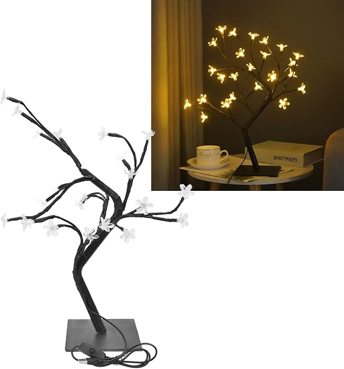 Cherry Blossoms Tree Lamp LED Cherry Tree Light USB Powered Bonsai Decor with 24 Warm White LEDs Flexible PVC Branches for Home Office Garden Party Decoration