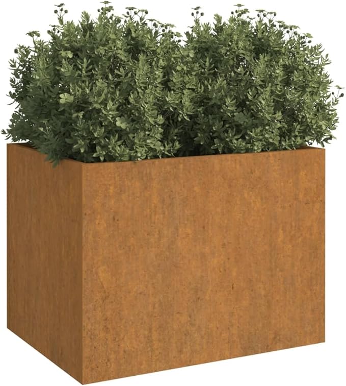 24.4 x 24.4 x 18.1 in Corten Steel Raised Planter Box Rustic Brown Medium Planter with Decorative Inlays Durable Elevated Garden Bed for Patio Terrace and Balcony