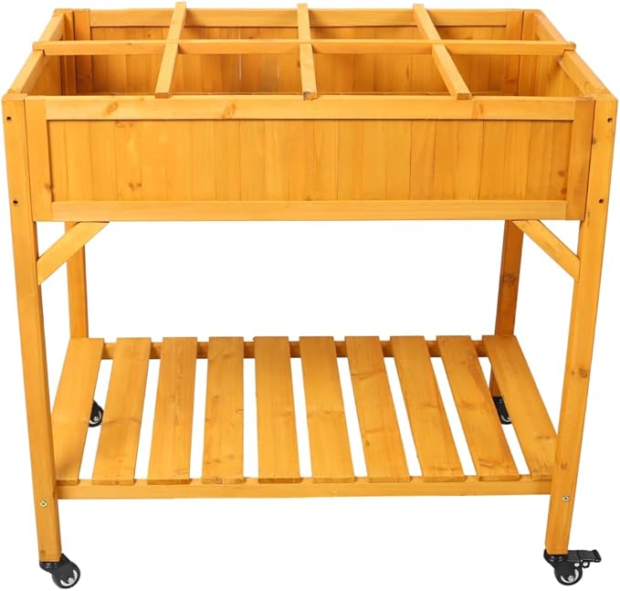 Sturdy Galvanized Steel Raised Garden Bed with Built-in Trellis Mobile Vertical Planter for Vegetables Herbs and Flowers (Brown + Wood)