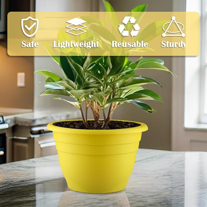 3 Pack 11 Inch Plant Pots for Indoor OutdoorPlastic Floor Planters with Drainage HolesLightweight Flower Pots for HomePatio &amp Garden(Yellow)