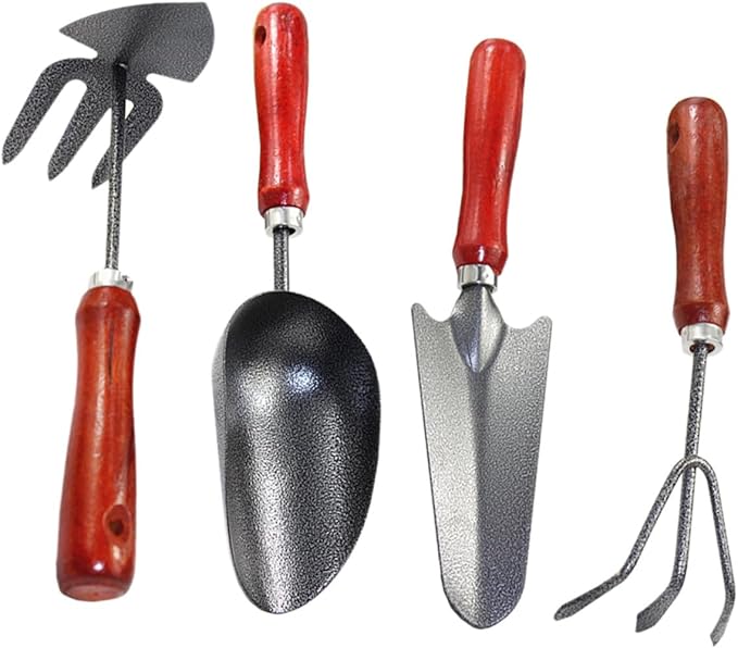 HOMSFOU 4pcs Gardening Hand Tool Set with Small Metal Shovel Narrow Extended Spade Dual-use Hoe and Rake and Soil Scoop for Planting and Digging in Garden and Flower Pots