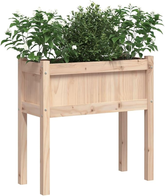 Rectangular Garden Planter Natural Solid Pine Wood 27.6x27.6x27.6 Inch Rustic Finish Outdoor Raised Garden Bed for Patio Balcony