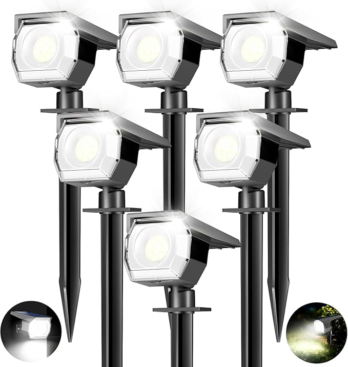 LOTMOS 6 Pack Solar Lights Outdoor 3 Modes 2-in-1 Auto On/Off Solar Spot Landscape Lighting Outside for Tree Plants Yard Garden Pathway-Cool White