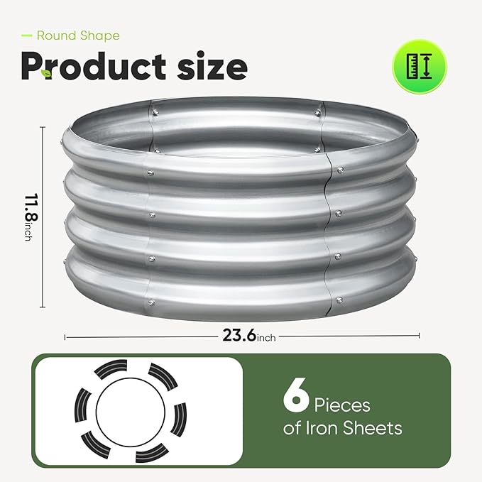 KING BIRD Raised Garden Bed Galvanized Round Planter Box Outdoor for Gardening Plants Vegetables Flowers Silver 24x24x12 in 2 Packs
