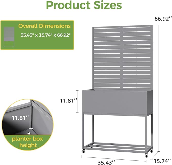 Raised Garden Bed with Trellis Metal Raised Planter Box with Trellis Privacy Planters for Patio Raised Garden Beds Outdoor Standing with Drainage Holes Wheels Grey