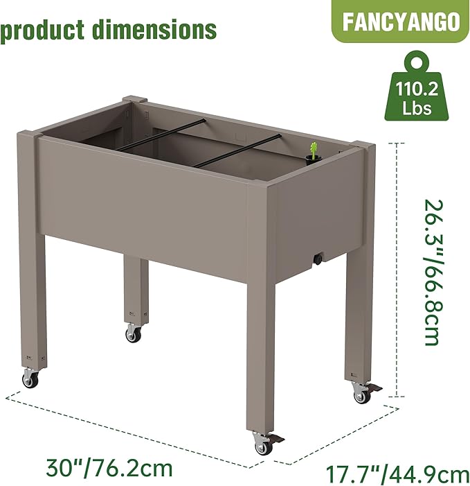Raised Garden Bed with Legs 26.3 Tall Elevated Planter Box with Drainage Holes Water Gauge Lockable Wheels Weatherproof Resin Design for Vegetables and Flowers for Backyard Patio Balcony(Gray)