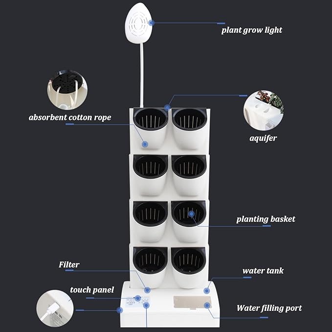 GeRRiT Indoor Smart GardenHydroponics Tower with LED Grow Lighthydroponic Growing Kits &amp SystemsVeg Growing Kitwith Hydrating Pump Adapter Net Pots Timer.