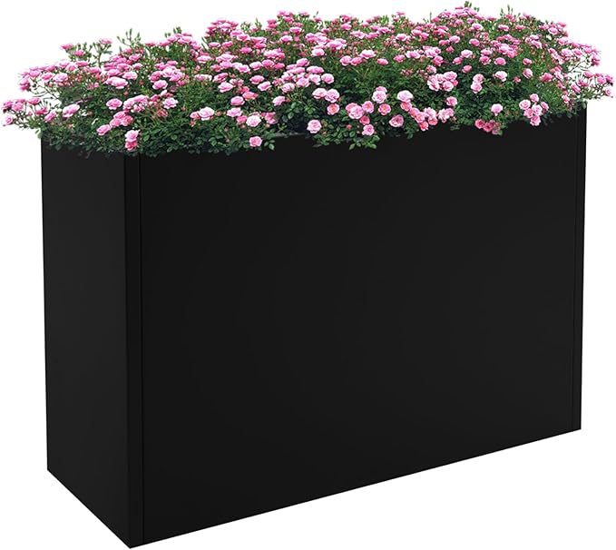 Metal Planter Box Outdoor Raised Garden Bed Steel Planter Box with Detachable Insert Shelf Metal Garden Box with Drainage Hole for Patio Deck Backyard Garden (Black)