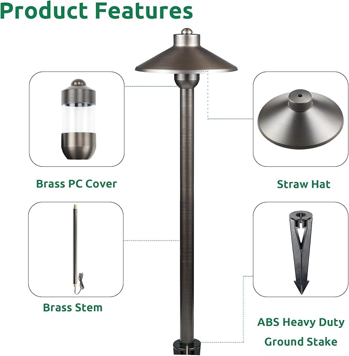 DOSHINE® Solid Brass Low Voltage Landscape Lighting Pathway Lights (7 Shade 22 Tall) with Replaceable 3W G4 LED Bulb 3000K AC/DC 12V and Ground Stake for Outdoor Walkway Driveway (HAT 6-Pack)