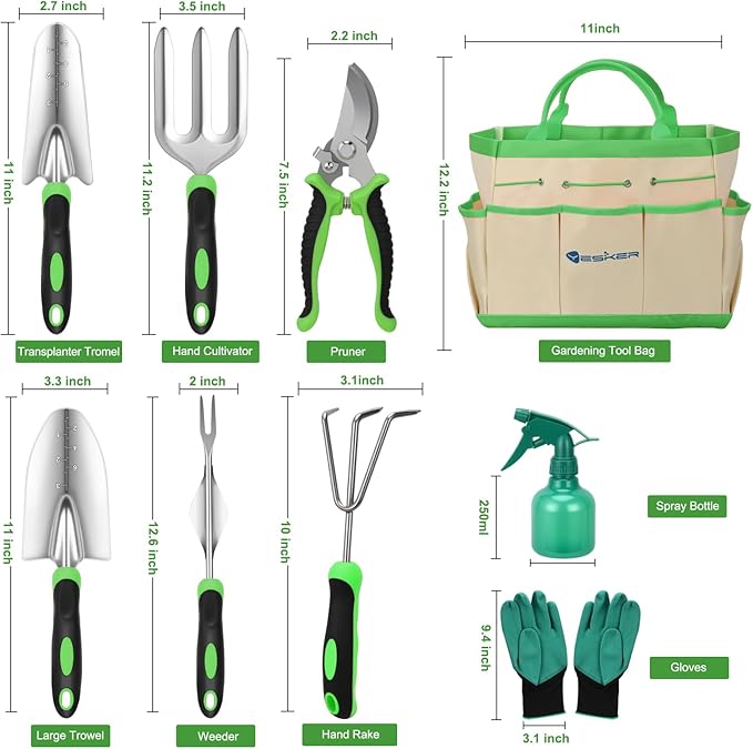 Yesker Gardening Tools 9-Piece Heavy Duty Garden Tool Set Gardening Supplies Gifts for Women Men Gardening Hand Tool Kit with Non-Slip Ergonomic Handle Garden Bag Durable Gloves and Shears Green