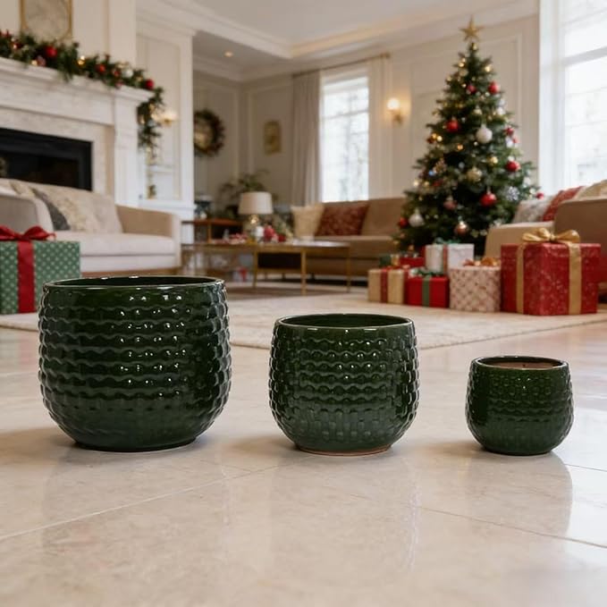 Handmade Glazed Ceramic Planter Set of 3 975 Inch Diameter Dark Green Solid Glossy for Succulents Herbs Outdoor Patio Indoor Staircase Use Breathable Clay with Drainage Holes