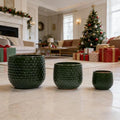Handmade Glazed Ceramic Planter Set of 3 975 Inch Diameter Dark Green Solid Glossy for Succulents Herbs Outdoor Patio Indoor Staircase Use Breathable Clay with Drainage Holes