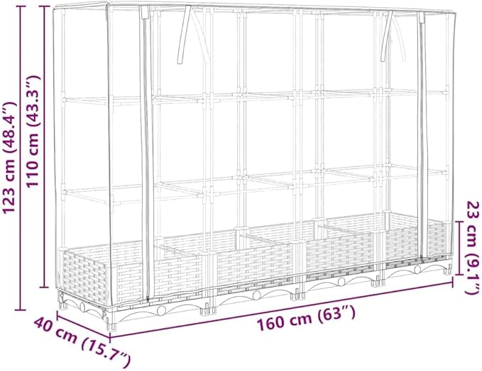 vidaXL Rattan Look Raised Bed with Greenhouse Cover 63X15.7X48.4 in Water Resistant Planter Box for Outdoor Gardening Balcony Usage Durable Synthetic Material Beds Garden Flower Vegetable
