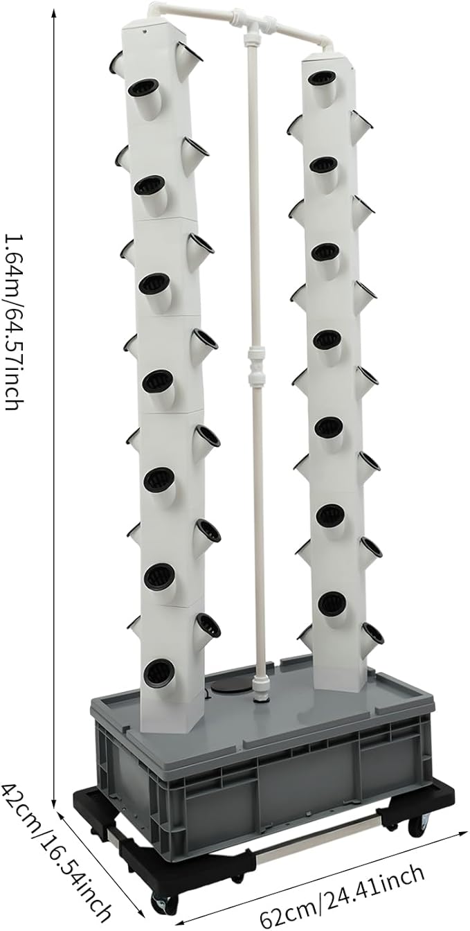 56 Holes Hydroponic Growing Tower 64” Tall Vertical Garden Kit with Timer Indoor Vertical Planter Germination Kit with Water Pump &amp Wheels for Herb Vegetable Planter(White)