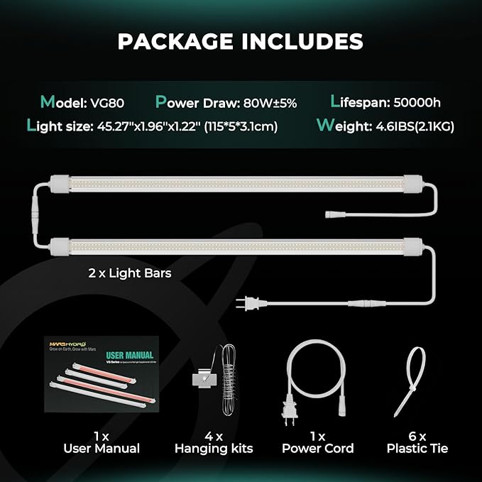 MARS HYDRO VG80 Plant Grow Light4ft 5000K Full Spectrum LED Grow Lights for Indoor Plants 2x4 Coverage IP65 Waterproof Linkable Under Canopy Plant Light Strip for Seedling Veg Flower2-Pack(2x40W)