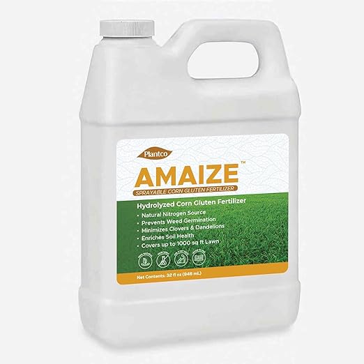 Liquid Corn Gluten Fertilizer Natural Nitrogen 1000 Sq Ft Coverage - GMO-Free All-Natural Lawn Care for Grass | Amaize Non-Toxic and Eco-Conscious Formula with Corn Gluten | 32 fl oz Bottle