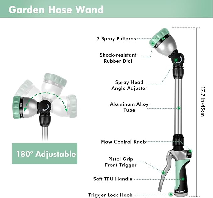 RESTMO Metal Watering Wand Heavy Duty Garden Hose Wand with 180° Swivel Ratcheting Head 16'' Hose Nozzle Sprayer with 7 Spray Patterns and Flow Control for Water Hanging Baskets and Shrubs Cyan