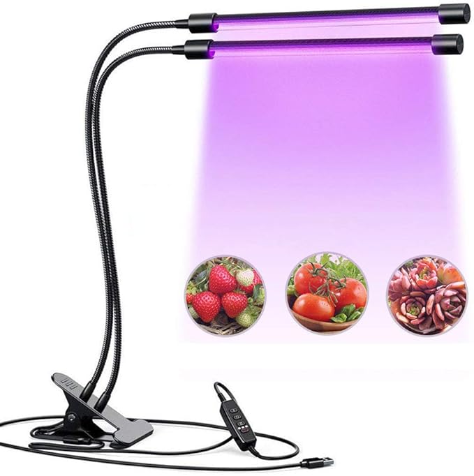 Timer Dual Head LED Plant Grow Light 10W 30LED 9 Dimmable Levels Grow Lamp Bulbs with Adjustable 360 Degree Gooseneck for Indoor Plants Hydroponics Greenhouse Garden Home Office