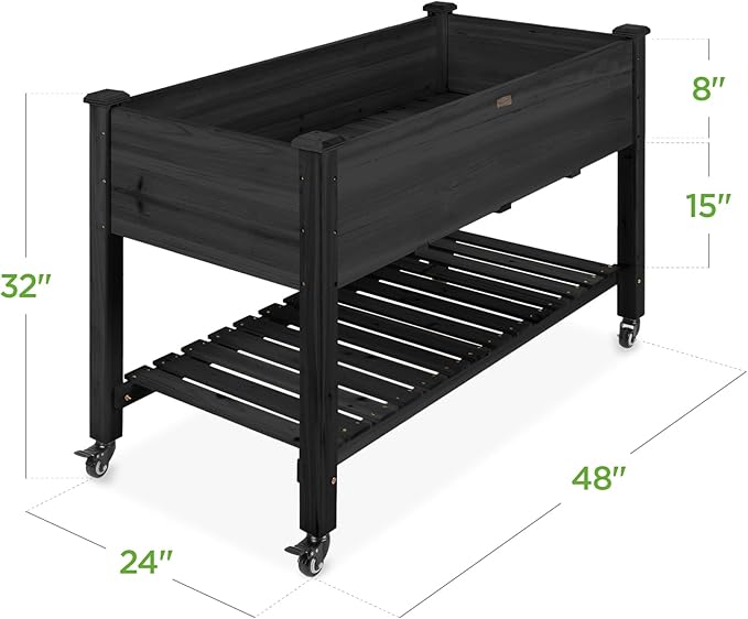 Best Choice Products Raised Garden Bed 48x24x32-inch Mobile Elevated Wood Planter w/Lockable Wheels Storage Shelf Protective Liner - Black
