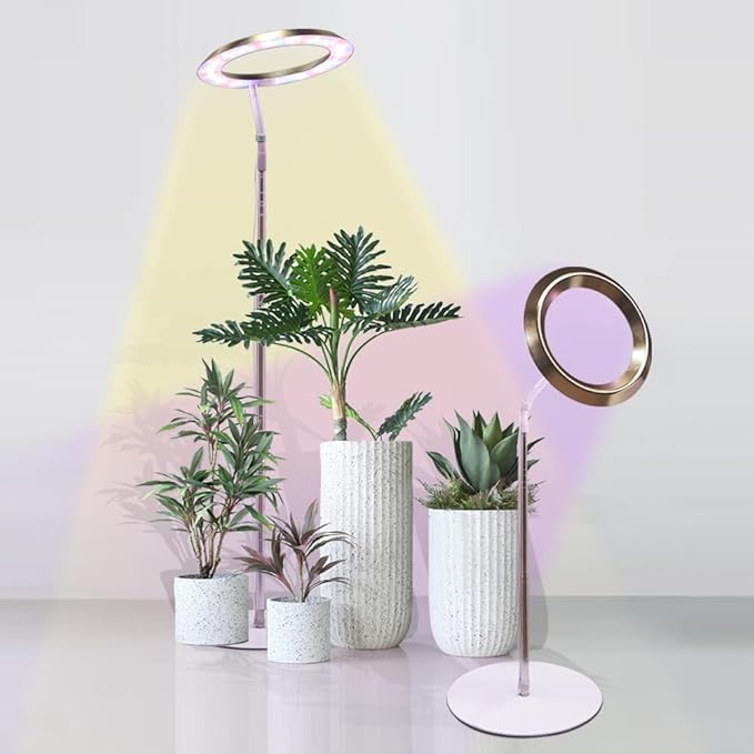 Qux 10” Halo Pro Grow LightFull Spectrum LED Freestanting Plant Grow Lamp with 3 Kind of Light Colors switchover &amp 10-Level DimmableAuto On Off Timing 4/8/12Hrs for Indoor Larger Plants (Gold)
