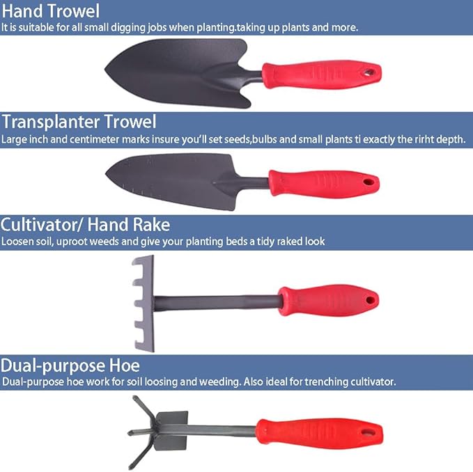 Hand Rake Garden Tool Gardening Hand Tools SetCultivator Hand Rake with Soft Rubberized Non-Slip Ergonomic HandleGarden Gifts for Women &amp Men (Red) Pack of 4