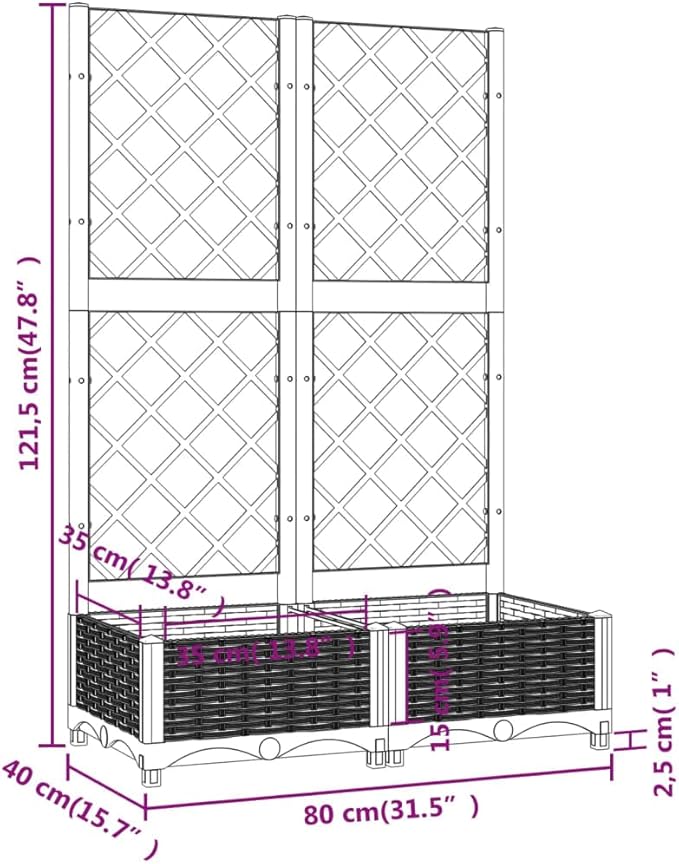 Black Garden Planter with Trellis 31.5x31.5x47.8 in Durable Matte Polypropylene Raised Outdoor Flower Box for Patio Balcony Terrace